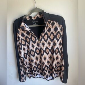 San Soleil  Golf Top Sz XL Black Long Sleeve Cheetah UV 50  1/4 Zip Mesh Vented